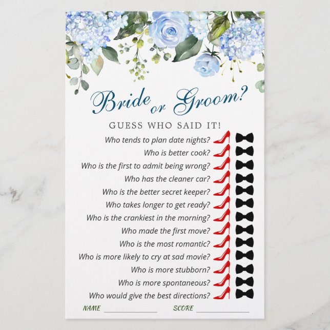 Blue Hydrangea Flowers Greenery Bridal Shower Game (Front)