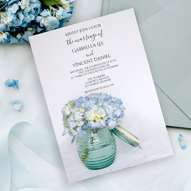 Blue Hydrangea Flowers in Glass Jar Vase Wedding Invitation (Creator Uploaded)