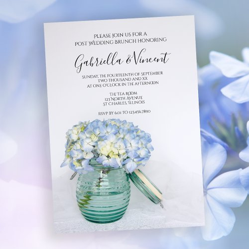 Blue Hydrangea Flowers in Jar Post Wedding Brunch Invitation