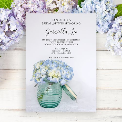 Blue Hydrangea Flowers in Jar Vase Bridal Shower Invitation