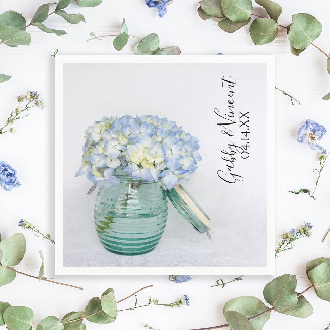 Blue Hydrangea Flowers in Jar Vase Wedding Napkins (Creator Uploaded)