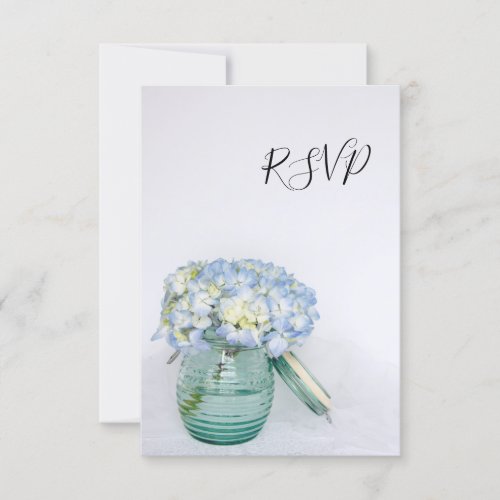 Blue Hydrangea Flowers in Jar Wedding RSVP Reply
