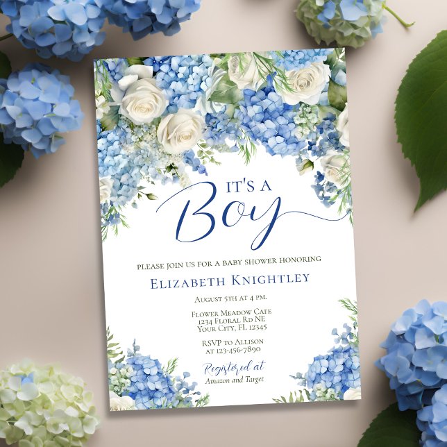 Blue Hydrangea Flowers It's a Boy Baby Shower Invitation (Creator Uploaded)