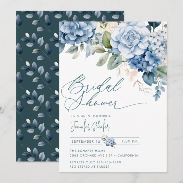 Blue Hydrangea | Flowers Leaves Bridal Shower Invitation (Front/Back)