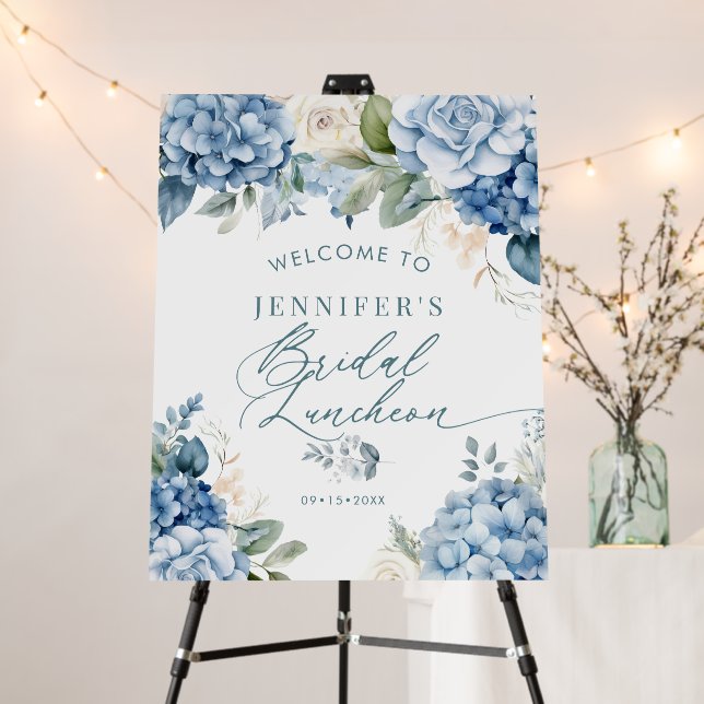 Blue Hydrangea | Flowers Leaves Bridal Shower Sign (In Situ (Stand))