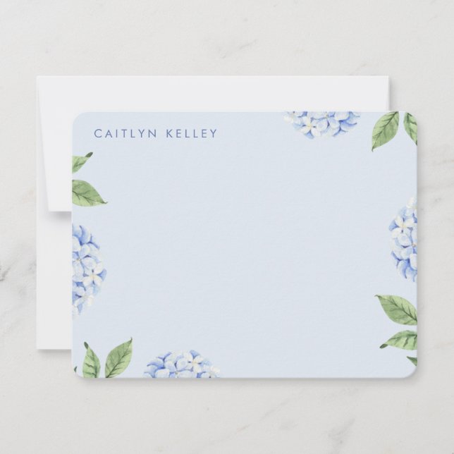 Blue Hydrangea Flowers Light Blue Custom Flat Note Card (Front)