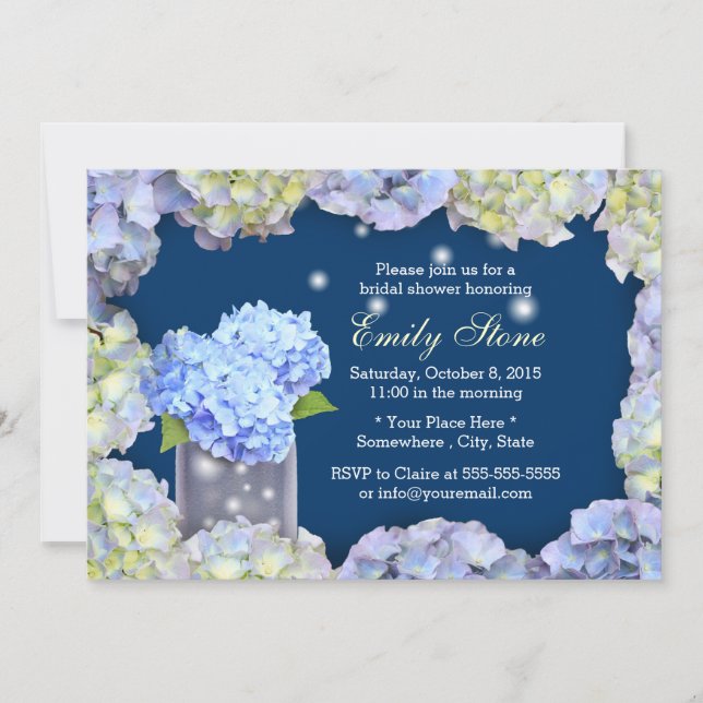 Blue Hydrangea Flowers & Mason Jar Bridal Shower Invitation (Front)