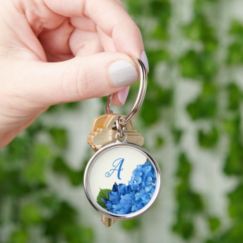 Blue Hydrangea Flowers Monogram Keychain