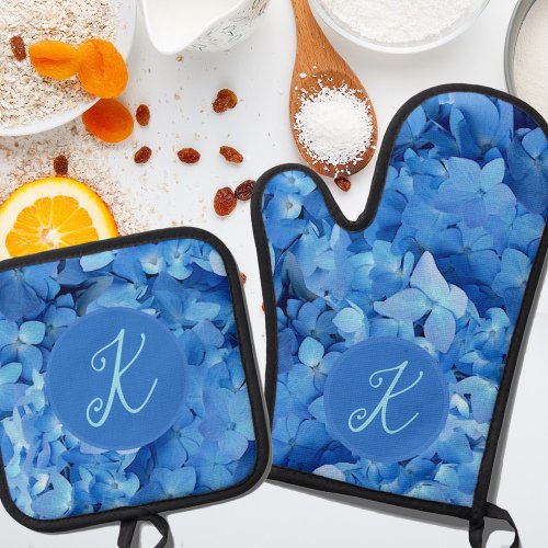 Blue Hydrangea Flowers Monogram Oven Mitt  Pot Holder Set