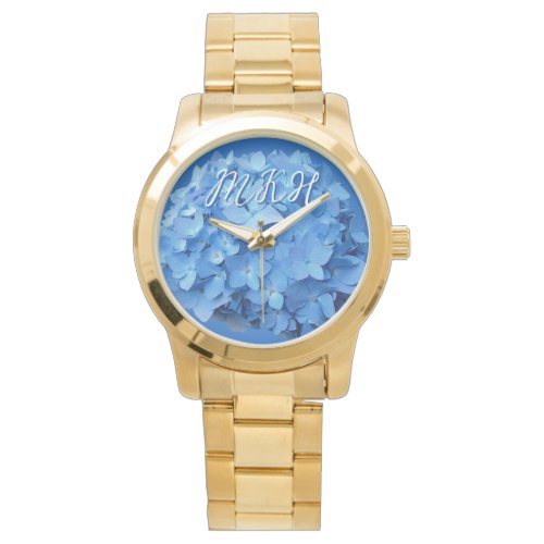 Blue Hydrangea Flowers Monogrammed Watch