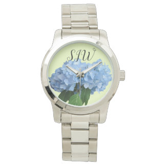 Blue Hydrangea Flowers Monogrammed Womens Watch