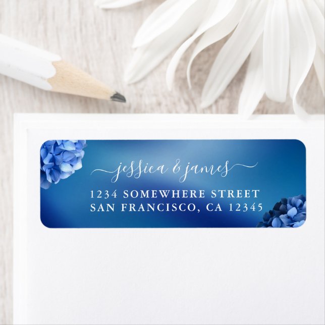 Blue Hydrangea Flowers Navy Blue Modern Wedding Label (Insitu)