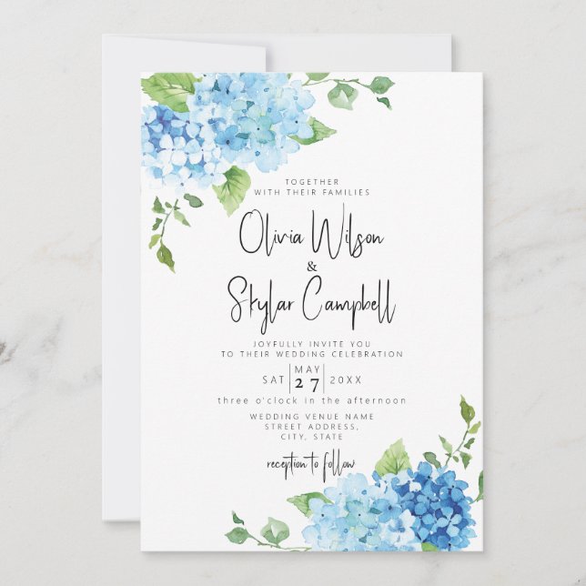 Blue Hydrangea Flowers Pastel Baby Blue Wedding Invitation (Front)