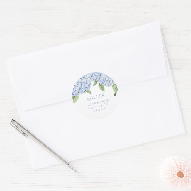 Blue Hydrangea Flowers Personalized Address Classic Round Sticker (Envelope)
