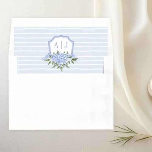 Blue Hydrangea Flowers Personalized Crest Wedding Envelope Liner