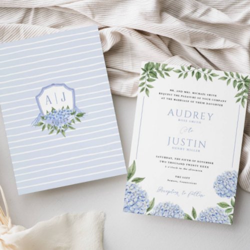 Blue Hydrangea Flowers Personalized Crest Wedding Invitation