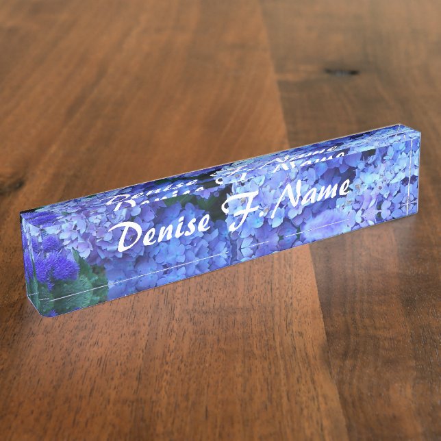 Blue Hydrangea Flowers Personalized Floral Desk Name Plate (Side)