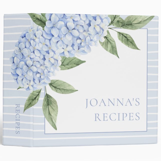 Blue Hydrangea Flowers Personalized Recipe 3 Ring Binder (Front/Spine)