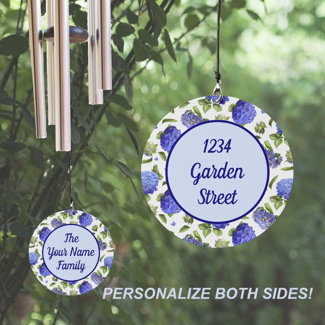 Blue Hydrangea Flowers Personalized   Wind Chime (Blue Hydrangea Flowers Personalized Wind Chimes for Home Address, Garden, Wedding, Memorial.)