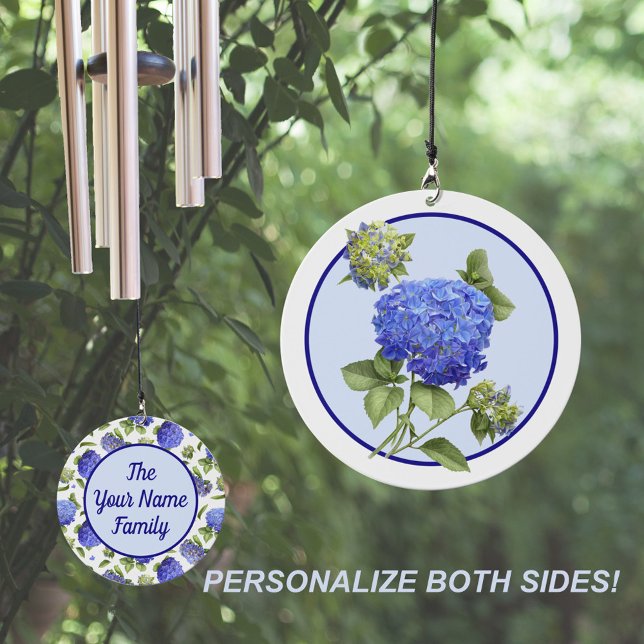 Blue Hydrangea Flowers Personalized   Wind Chime (Personalized Blue Hydrangea Wind Chimes for Home Address, Garden, Patio, Memorial or Wedding)