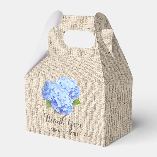 Blue Hydrangea Flowers Rustic Burlap Thank You Favor Boxes (Front Side)