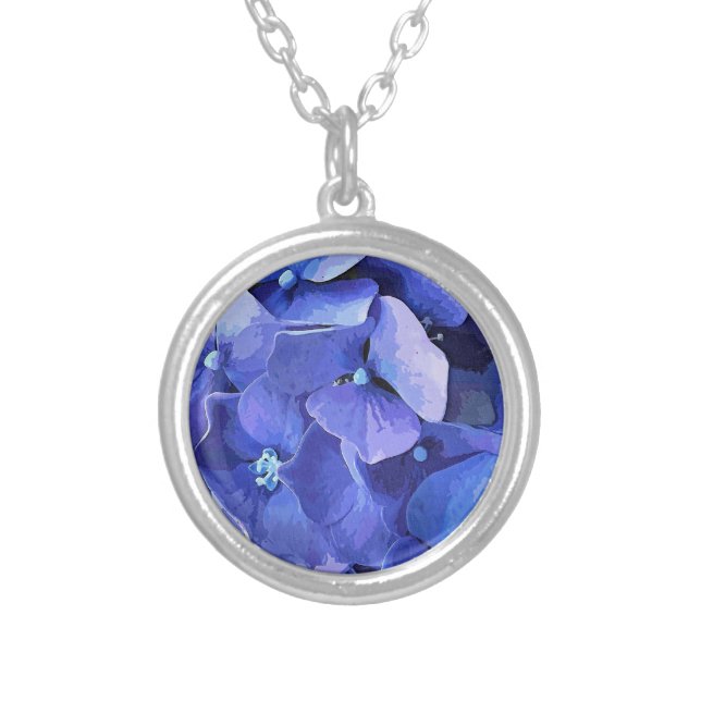 BLUE HYDRANGEA FLOWERS SILVER PLATED NECKLACE (Front)