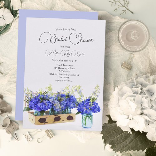 Blue Hydrangea Flowers Vintage Box Bridal Shower Invitation