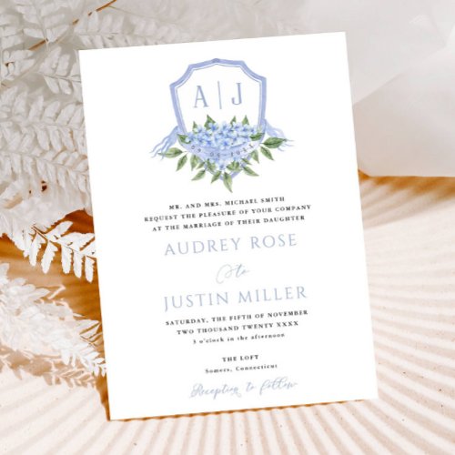 Blue Hydrangea Flowers Watercolor Crest Wedding Invitation