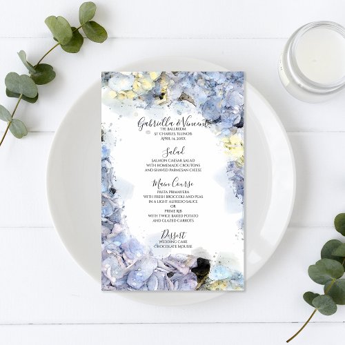 Blue Hydrangea Flowers Watercolor Wedding Menu