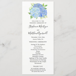 Blue Hydrangea Flowers Watercolor Wedding Program