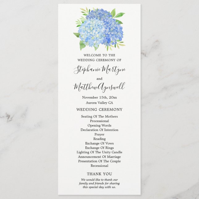 Blue Hydrangea Flowers Watercolor Wedding Program (Front)
