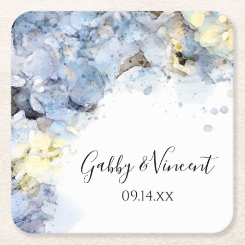 Blue Hydrangea Flowers Watercolor Wedding  Square Paper Coaster