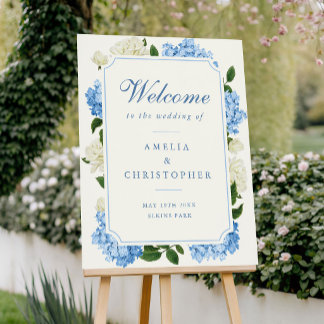 Blue Hydrangea Flowers Wedding Welcome Sign