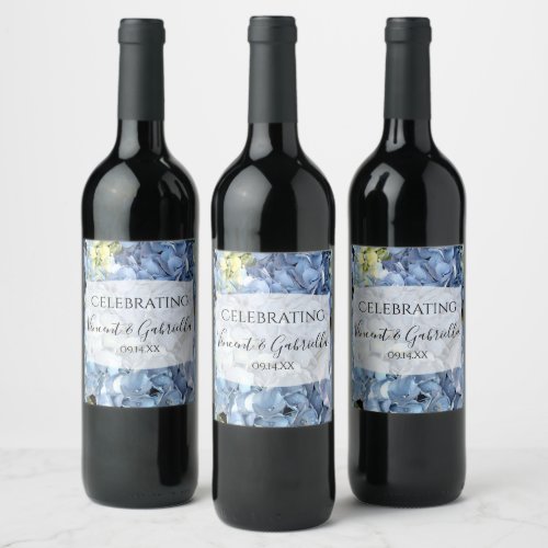 Blue Hydrangea Flowers Wedding Wine Label