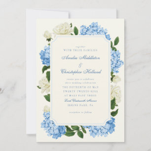 Blue Hydrangea Flowers & White Rose Garden Wedding Invitation