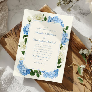 Blue Hydrangea Flowers & White Rose Garden Wedding Invitation