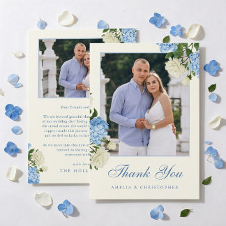 Blue Hydrangea Flowers White Rose Wedding Photo Thank You Card