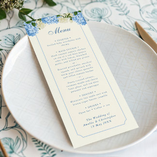 Blue Hydrangea Flowers White Roses Garden Wedding Menu