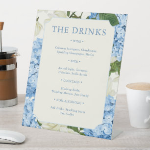 Blue Hydrangea Flowers White Roses Wedding Bar Pedestal Sign