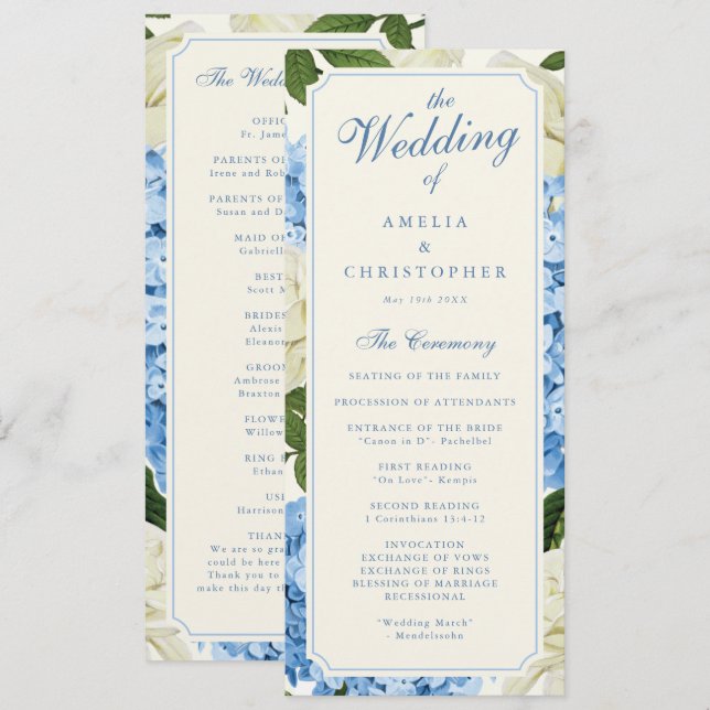 Blue Hydrangea Flowers White Roses Wedding Program (Front/Back)