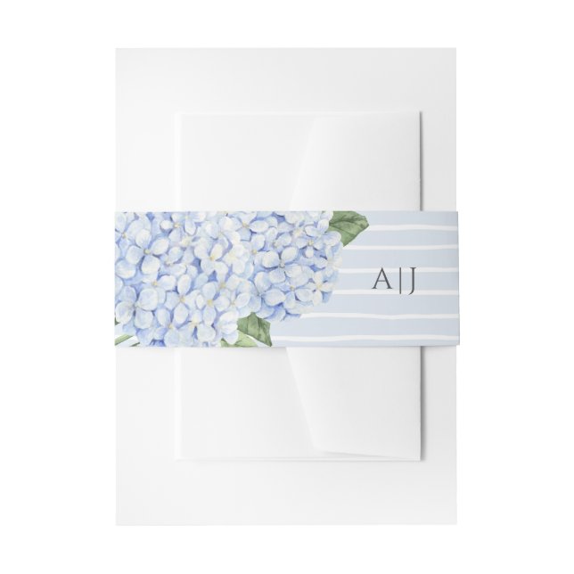 Blue Hydrangea Flowers with Stripes Personalized  Invitation Belly Band (Front Example)