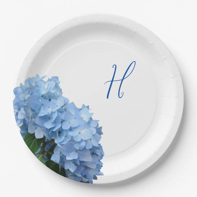 Blue Hydrangea Flowers Wood Background Paper Plates (Front)
