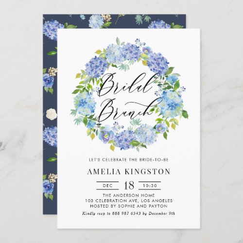 Blue Hydrangea Flowers Wreath Bridal Brunch Invitation