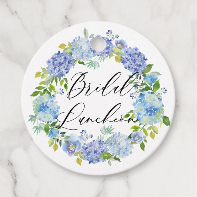 Blue Hydrangea Flowers Wreath Bridal Luncheon Favor Tags (Front)
