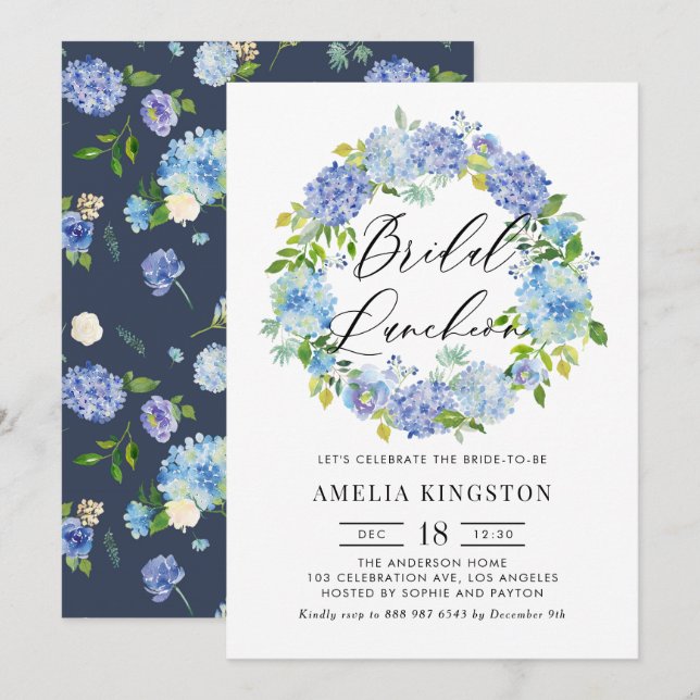 Blue Hydrangea Flowers Wreath Bridal Luncheon Invitation (Front/Back)