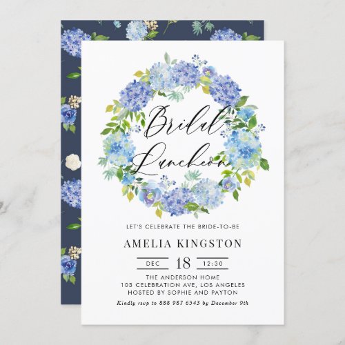 Blue Hydrangea Flowers Wreath Bridal Luncheon Invitation