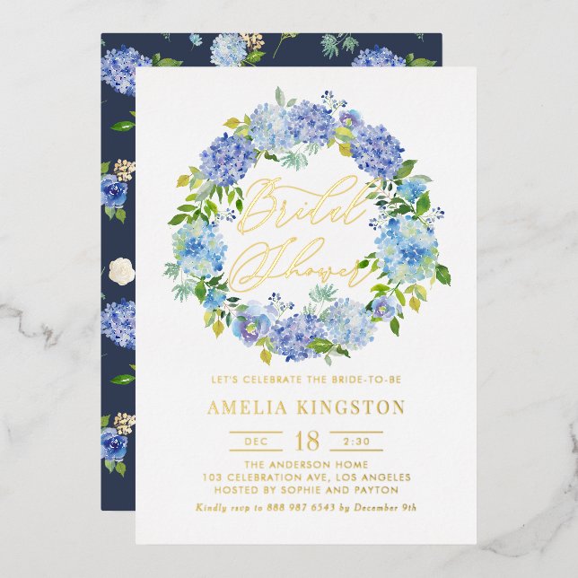 Blue Hydrangea Flowers Wreath Bridal Shower Foil Invitation (Front/Back)