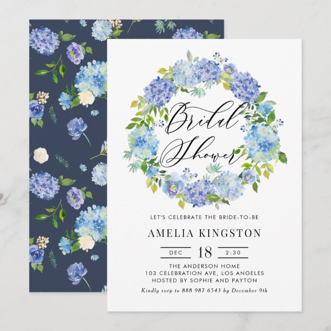 Blue Hydrangea Flowers Wreath Bridal Shower Invitation (Front/Back)