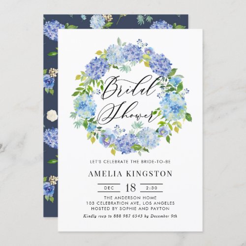 Blue Hydrangea Flowers Wreath Bridal Shower Invitation