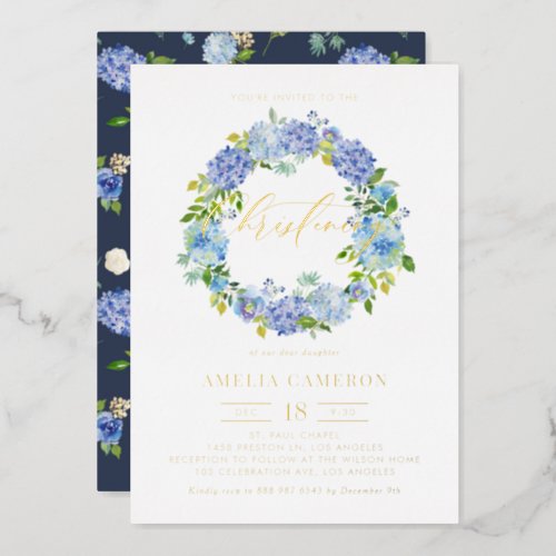 Blue Hydrangea Flowers Wreath Christening Foil Invitation